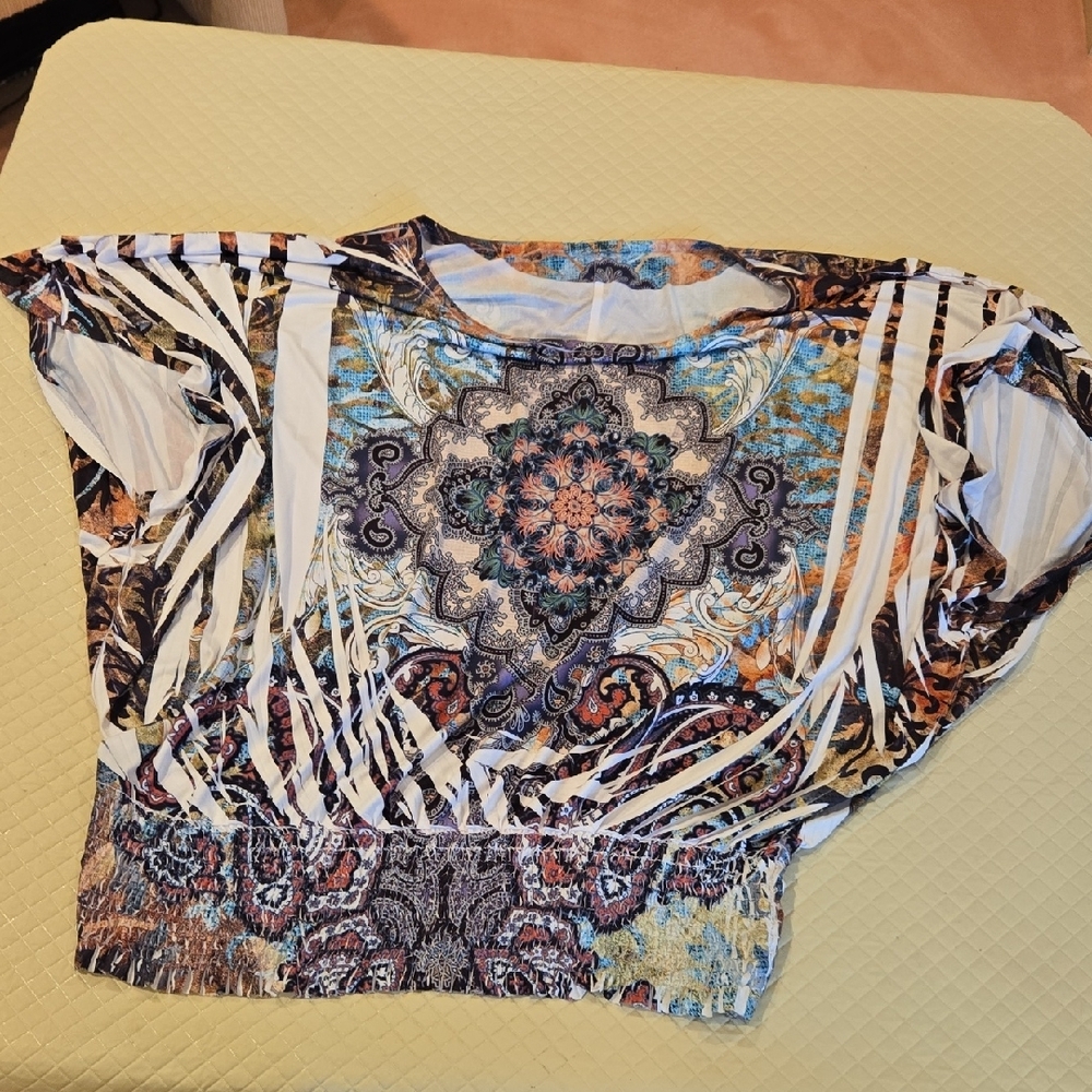 Brown and White Graphic Blouse with Relaxed Fit